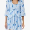 Blue Pleated Georgette Flounce Smock Mini Dress