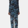 Blue Printed Mesh O-neck Ruched Long Dress