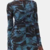 Blue Printed Mesh O-neck Ruched Long Dress