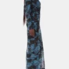 Blue Printed Mesh O-neck Ruched Long Dress