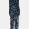 Blue Printed Mesh O-neck Ruched Long Dress