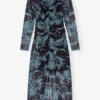 Blue Printed Mesh O-neck Ruched Long Dress