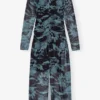 Blue Printed Mesh O-neck Ruched Long Dress