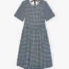Blue Seersucker Check Midi Dress