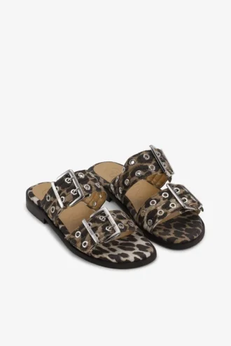 Leopard Denim Feminine Buckle Two-Strap Sandals
