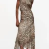 Leopard Marl Mesh Long Ruched Crossover Dress
