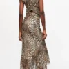 Leopard Marl Mesh Long Ruched Crossover Dress
