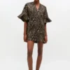 Metallic Cloque Mini Ruffle Dress
