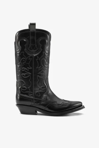 Mid Shaft Embroidered Western Boots in Black