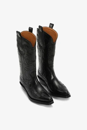 Mid Shaft Embroidered Western Boots in Black