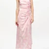 Pink Printed Satin Gathered Dress