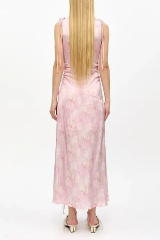 Pink Printed Satin Gathered Dress