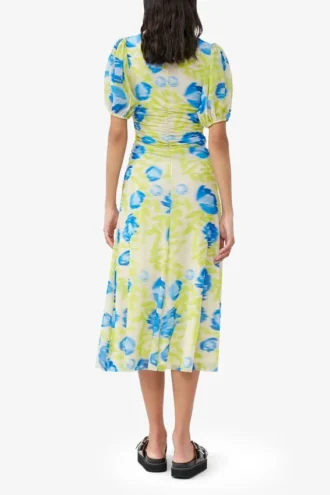 Printed Mesh Puff Sleeve Midi Dress