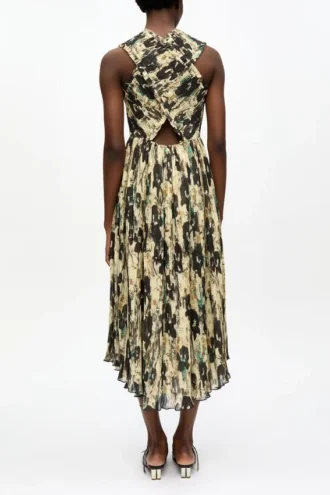 Printed Pleats Smock Midi Straps Dress
