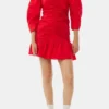 Red Cotton Poplin Gathered U-neck Mini Dress