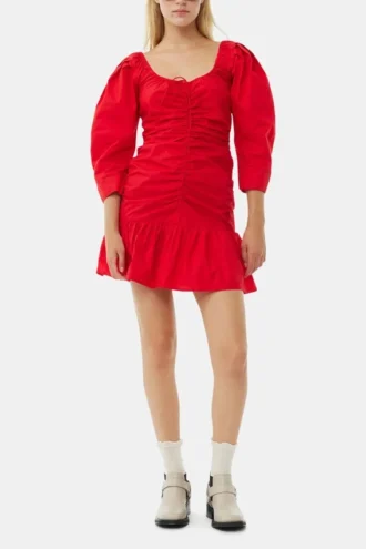 Red Cotton Poplin Gathered U-neck Mini Dress