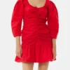 Red Cotton Poplin Gathered U-neck Mini Dress