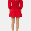 Red Cotton Poplin Gathered U-neck Mini Dress