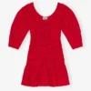 Red Cotton Poplin Gathered U-neck Mini Dress