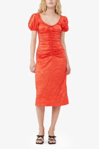 Red Crinkled Satin Midi Dress