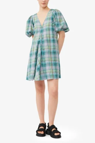 Seersucker Check V-Neck Mini Dress