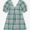 Seersucker Check V-Neck Mini Dress