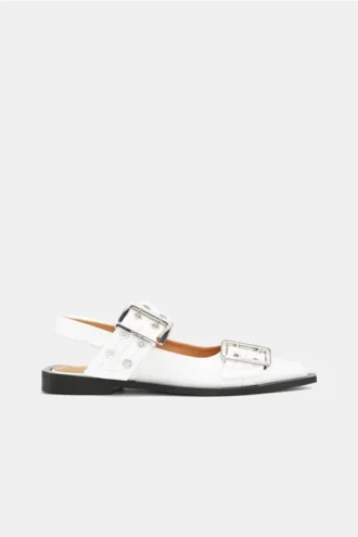 White Wide Welt Buckle Ballerinas